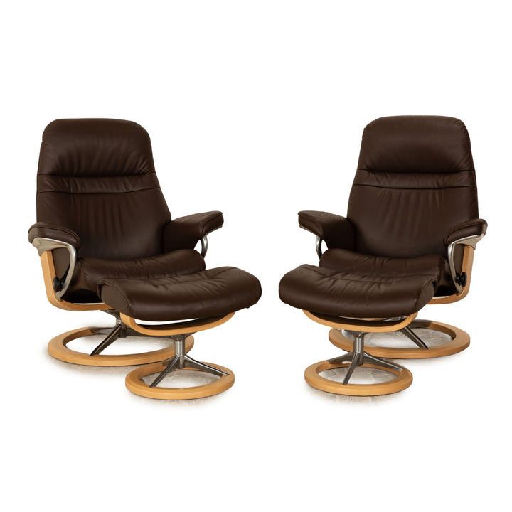 Stressless Sunrise Leder Sessel Garnitur Braun manuelle Funktion Relaxfunktion inkl. Hocker Größe M