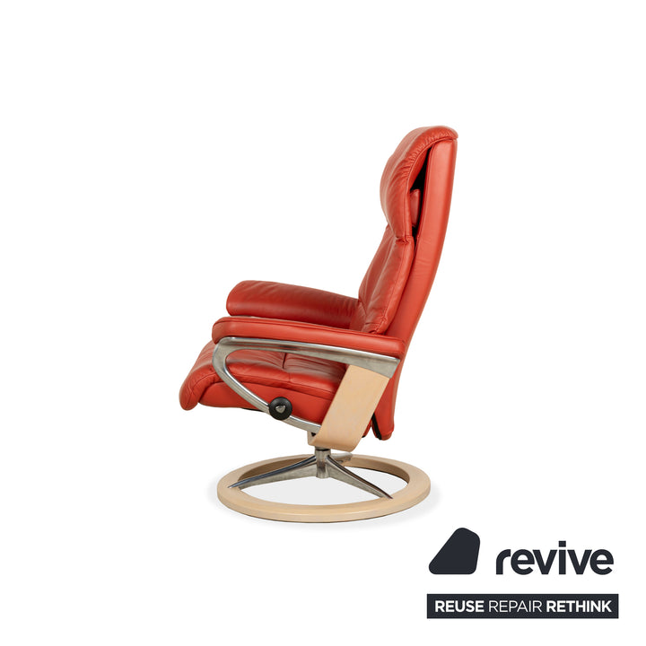 Fauteuil Stressless View en cuir rouge orange, fonction manuelle, y compris la fonction de relaxation du tabouret
