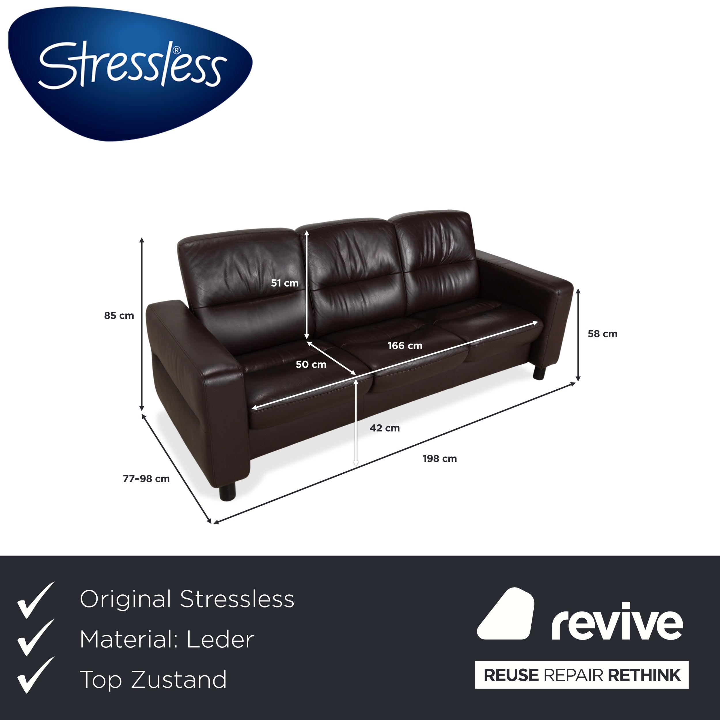 Canapé trois places Stressless Wave en cuir marron expresso, à réglage manuel