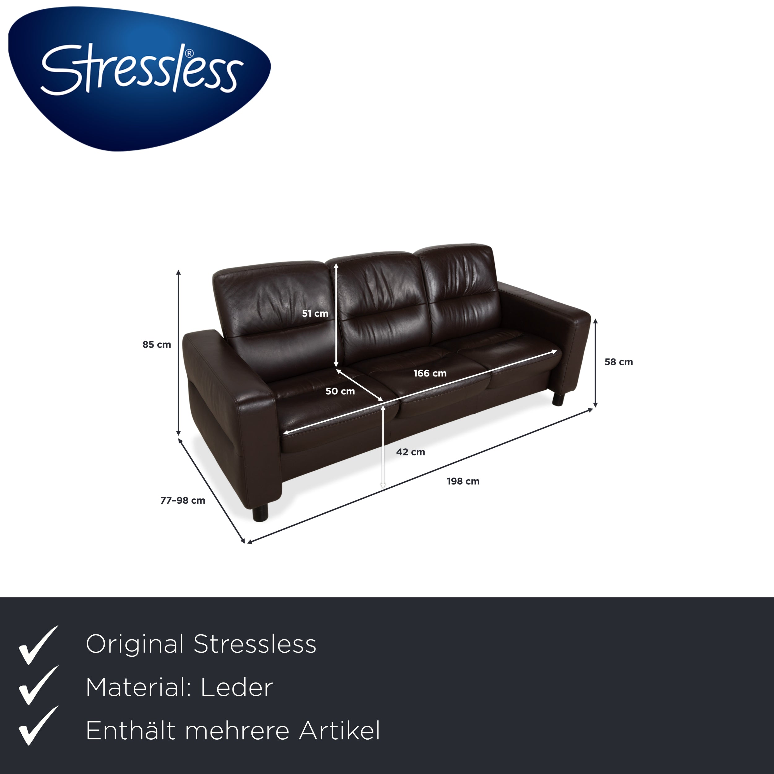 Stressless Wave Leather Three-Seater Brown Espresso Manual Function Sofa Couch