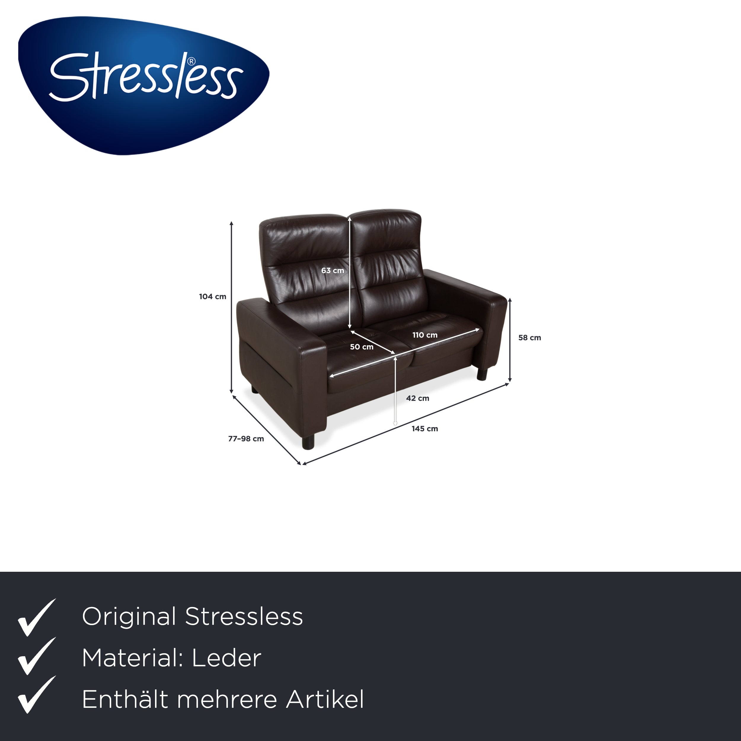 Stressless Wave Leather Three-Seater Brown Espresso Manual Function Sofa Couch