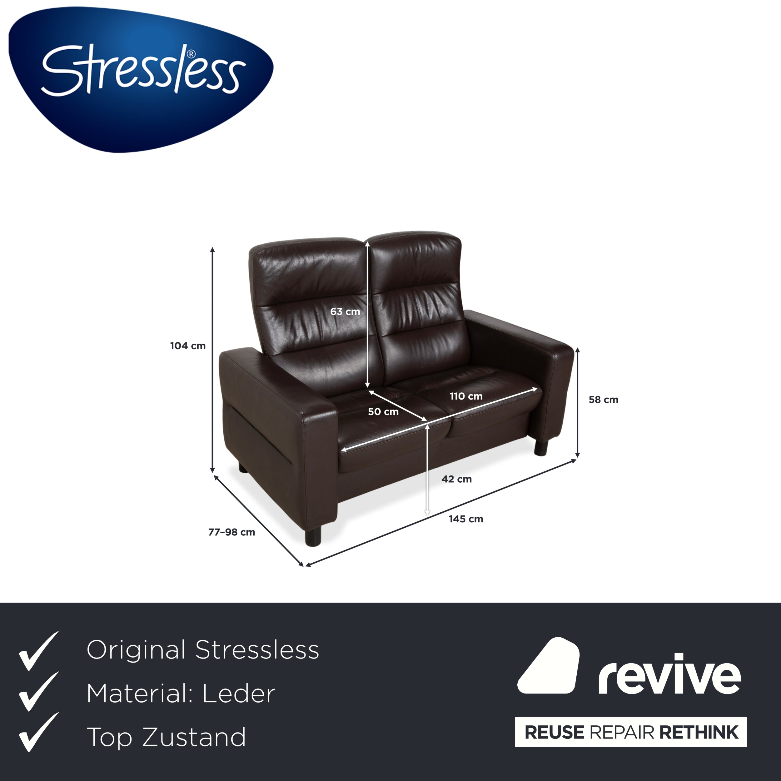 Stressless Wave Leather Two-Seater Brown Espresso Manual Function Sofa Couch