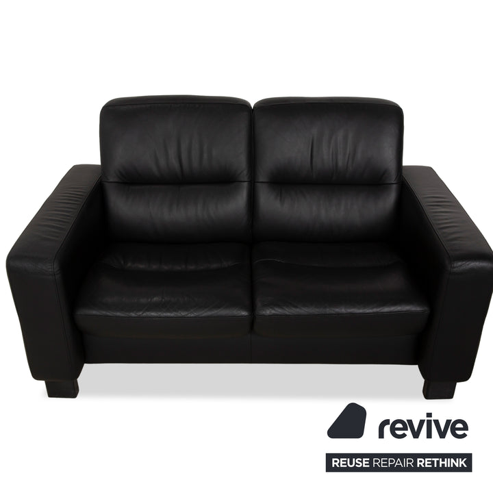 Stressless Wave Leather Two Seater Black Sofa Couch Manual Function