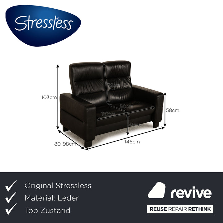 Stressless Wave Leather Two Seater Black Sofa Couch Manual Function