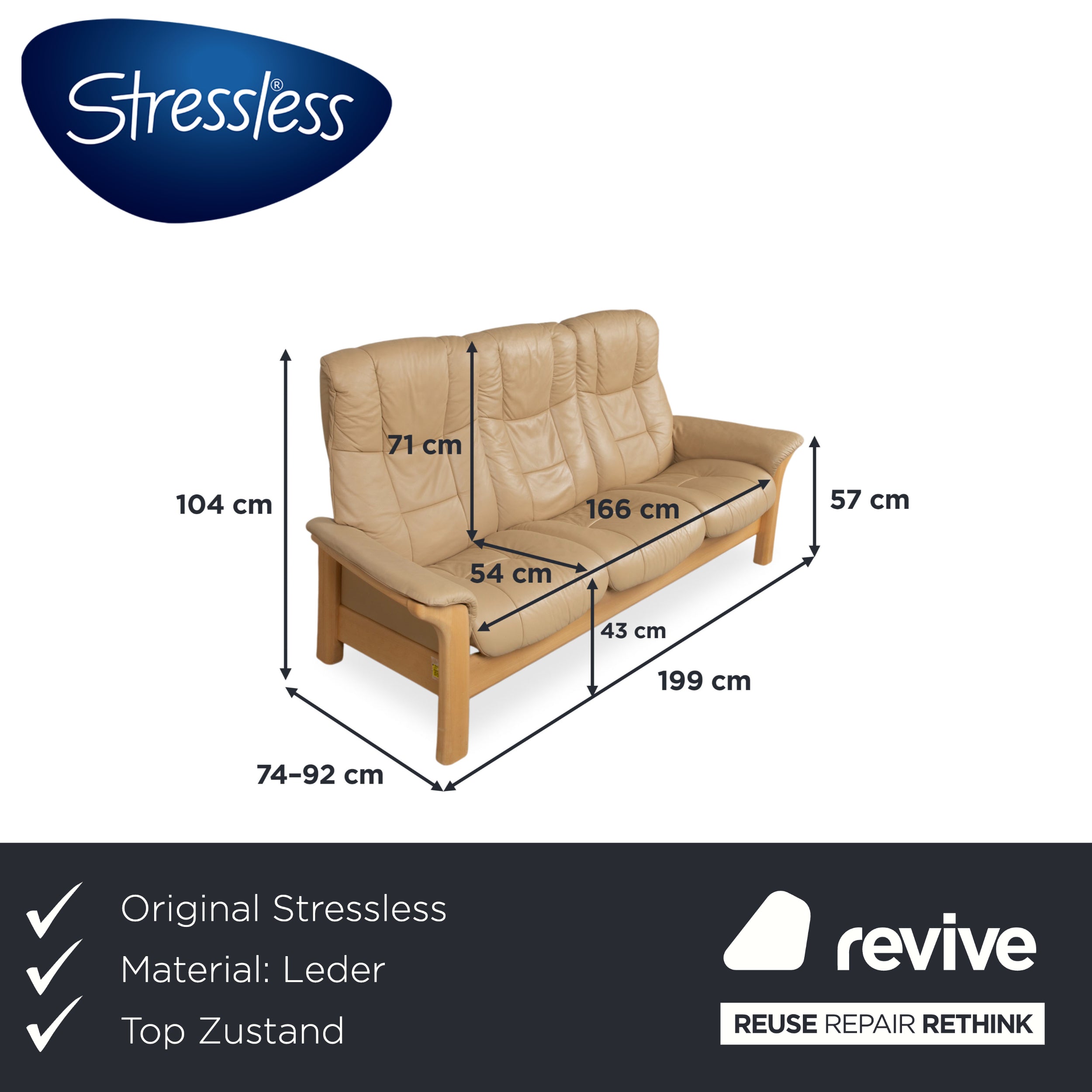 Stressless Windsor Dreisitzer Leder Holz Sofa Beige Creme