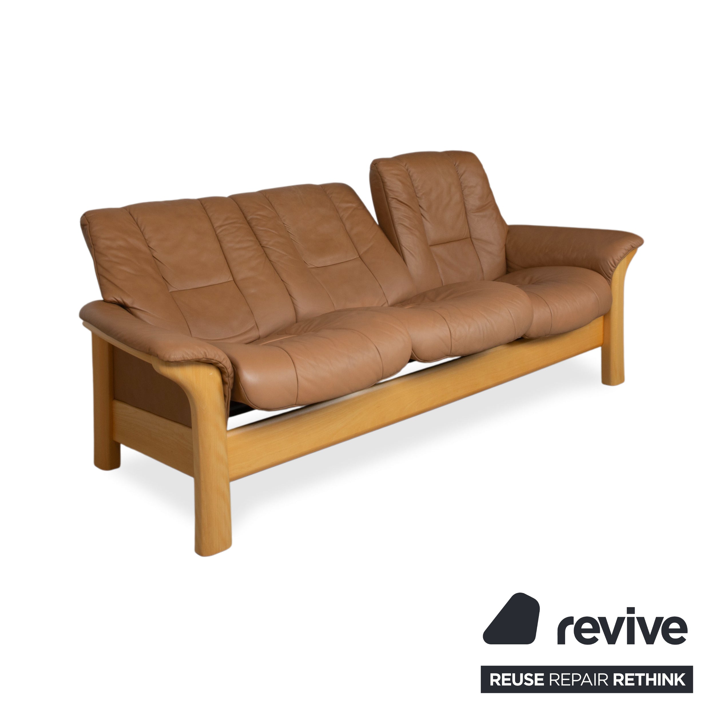 Stressless Windsor Three-Seater Leather Wood Sofa Brown Cognac Manual Reclining Function