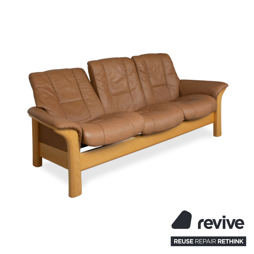 Canapé Windsor trois places Stressless cuir bois marron cognac fonction manuelle relax