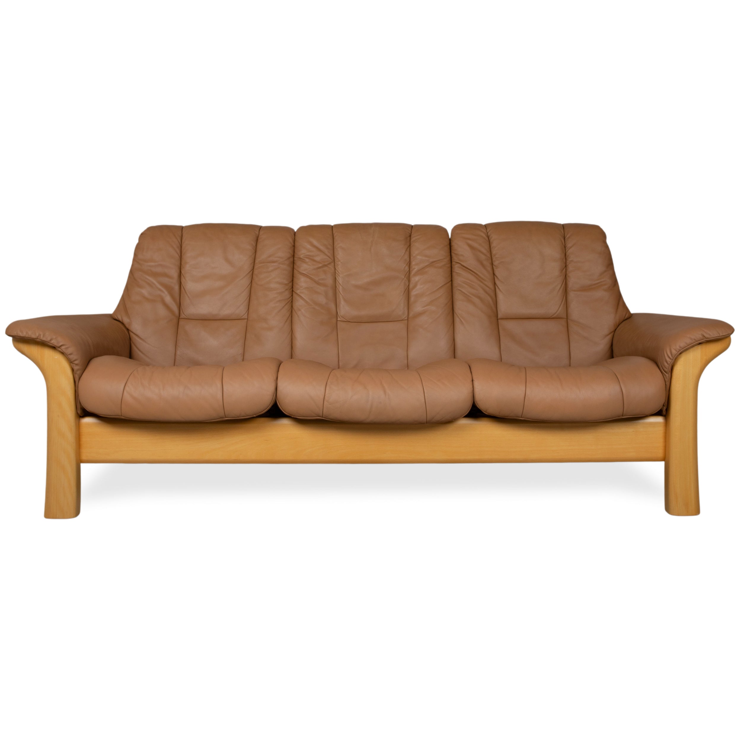 Stressless Windsor Three-Seater Leather Wood Sofa Brown Cognac Manual Reclining Function