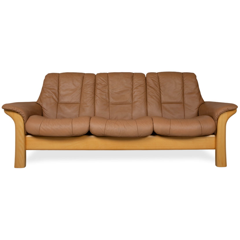 Stressless Windsor Three-Seater Leather Wood Sofa Brown Cognac Manual Reclining Function