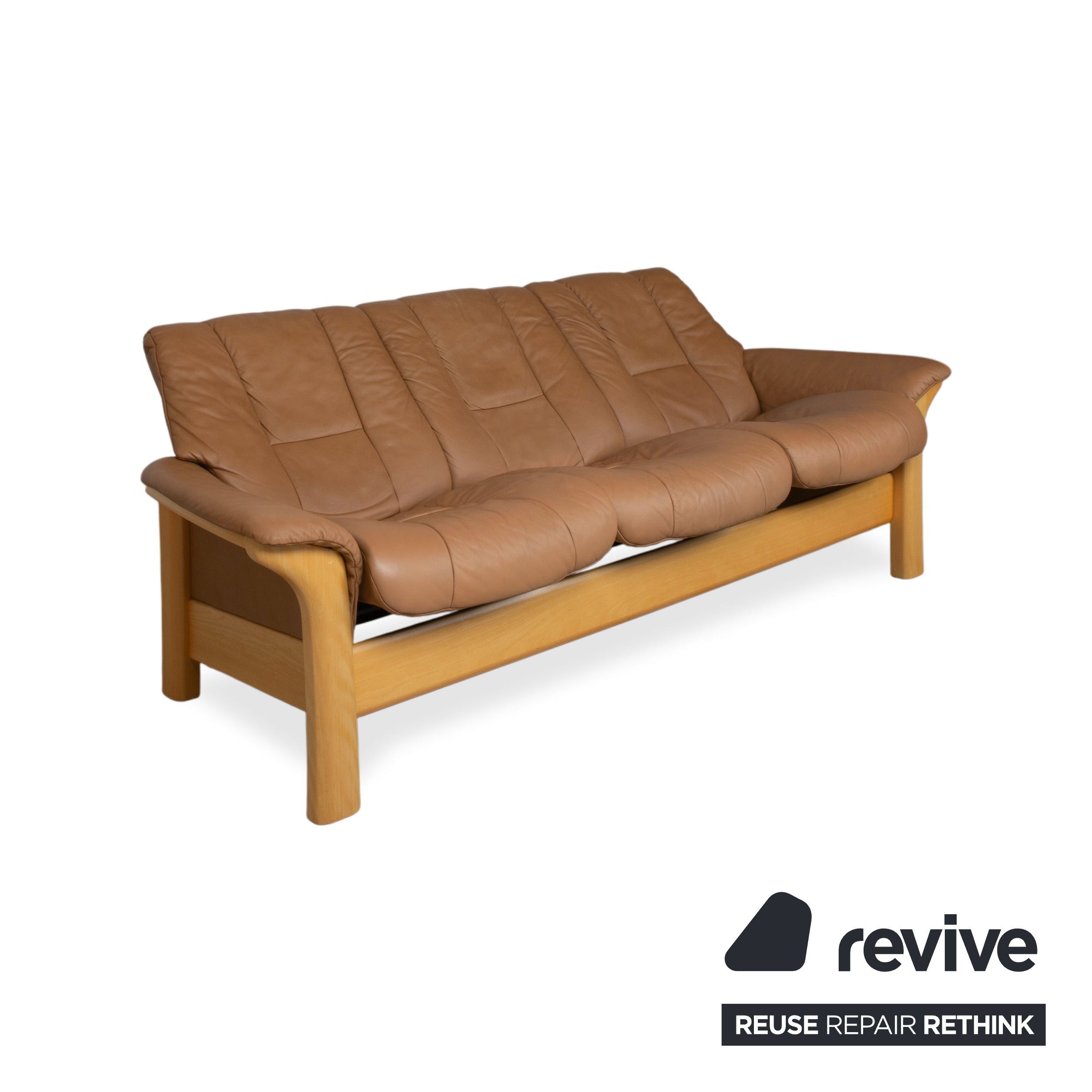 Stressless Windsor Three-Seater Leather Wood Sofa Brown Cognac Manual Reclining Function