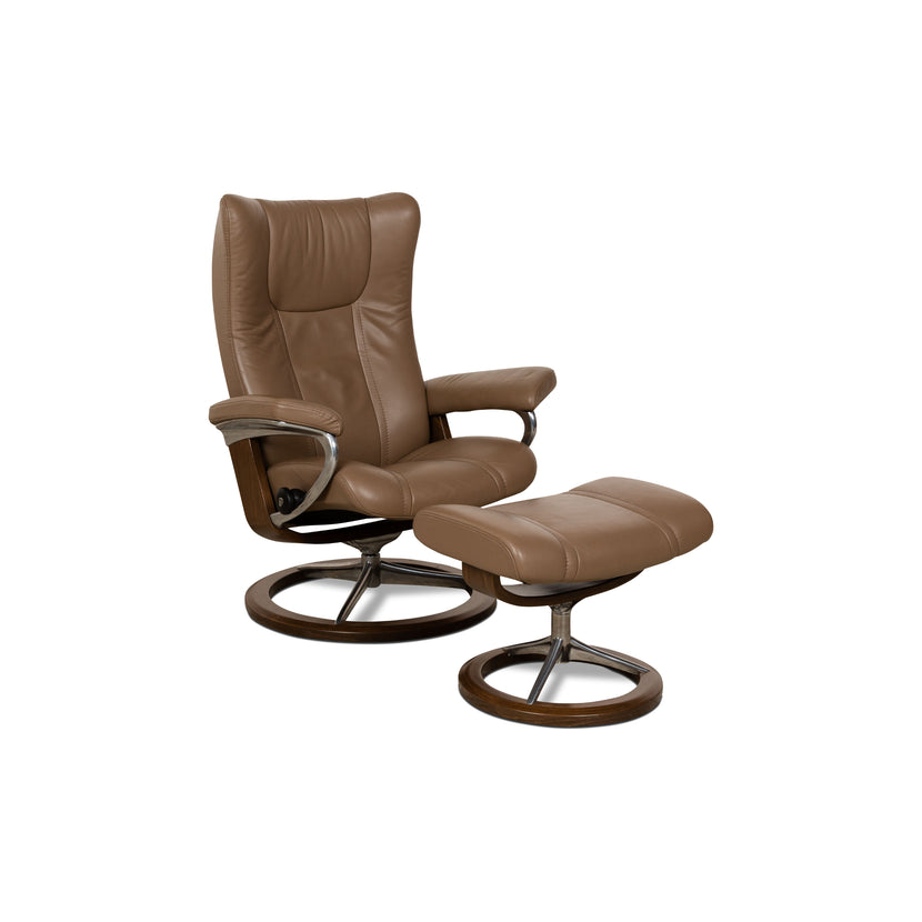 Fauteuil en cuir Stressless Wing marron avec tabouret à fonction manuelle