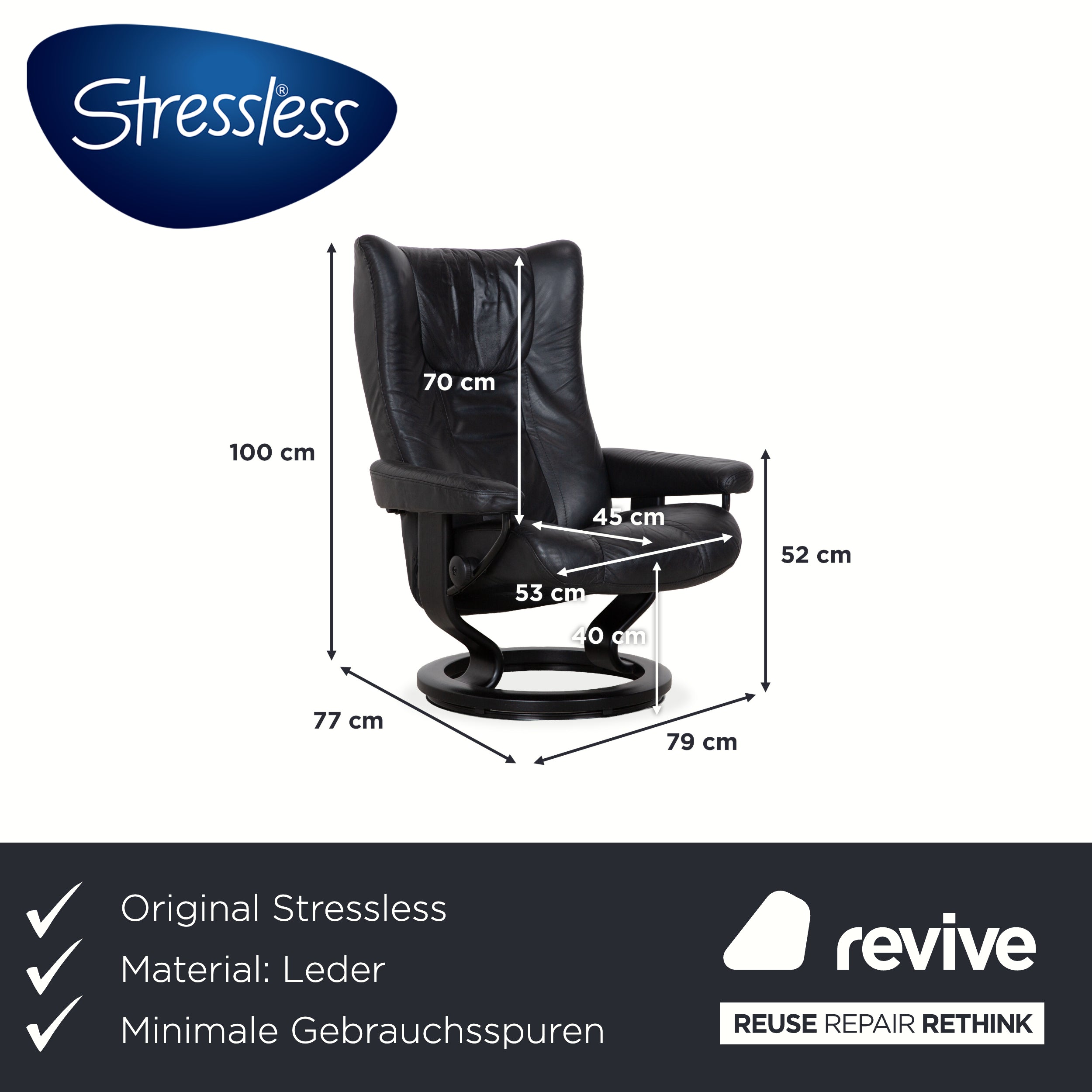 Fauteuil en cuir Stressless Wing noir avec fonction manuelle du tabouret