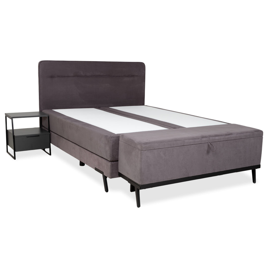 Swiss Sense Home Stoff Bett Grau Boxspring inkl. Hocker mit Stauraum + Nachtschrank 160 x 200 cm