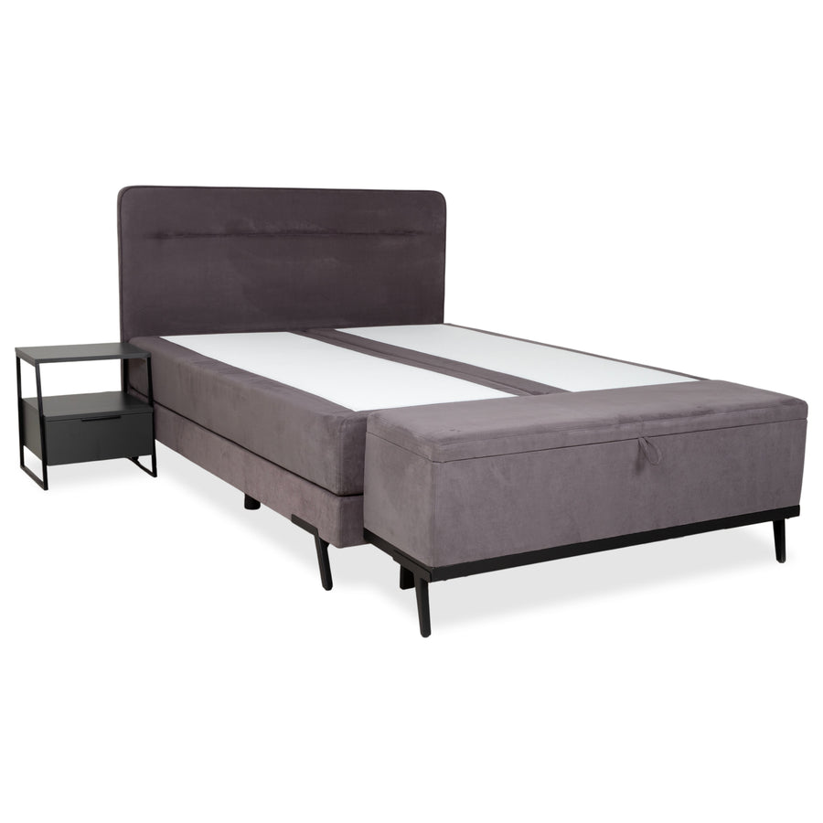 Swiss Sense Home Stoff Bett Grau Boxspring inkl. Hocker mit Stauraum + Nachtschrank 160 x 200 cm
