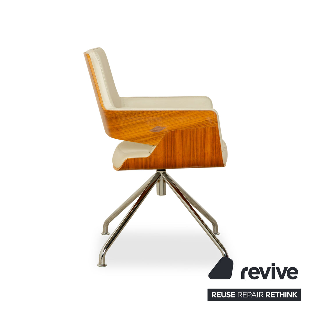 Thonet S 847 Leder Stuhl Creme Weiß Braun Holz manuelle Funktion Drehfunktion