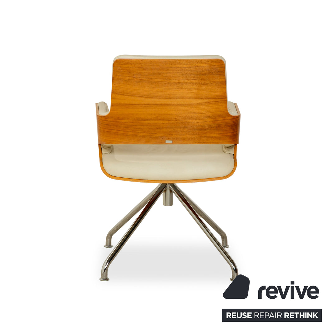 Thonet S 847 Leder Stuhl Creme Weiß Braun Holz manuelle Funktion Drehfunktion