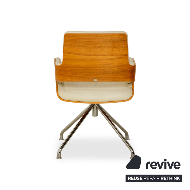 Thonet S 847 Leder Stuhl Creme Weiß Braun Holz manuelle Funktion Drehfunktion