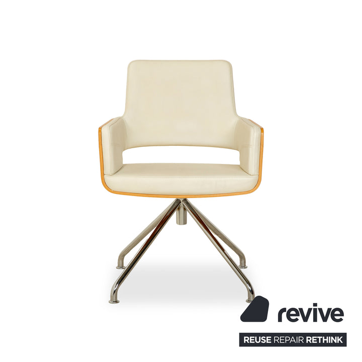 Thonet S 847 Leder Stuhl Creme Weiß Braun Holz manuelle Funktion Drehfunktion