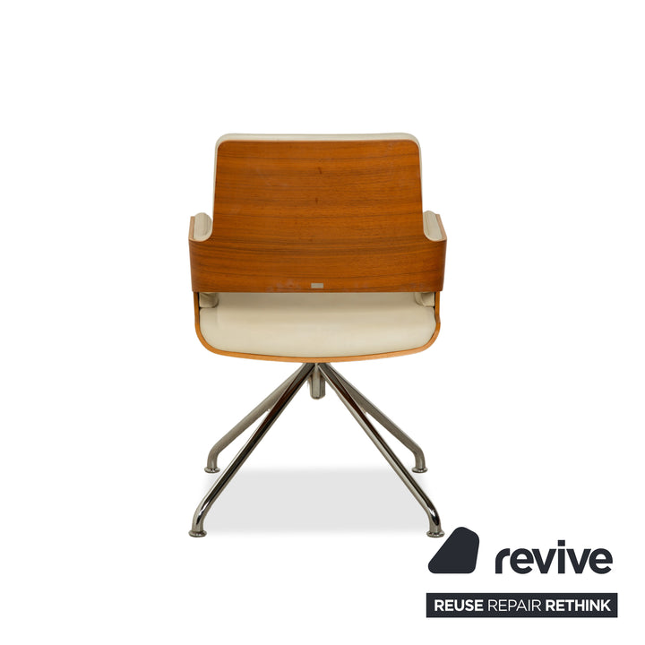 Thonet S 847 Leder Stuhl Creme Weiß Braun Holz manuelle Funktion Drehfunktion