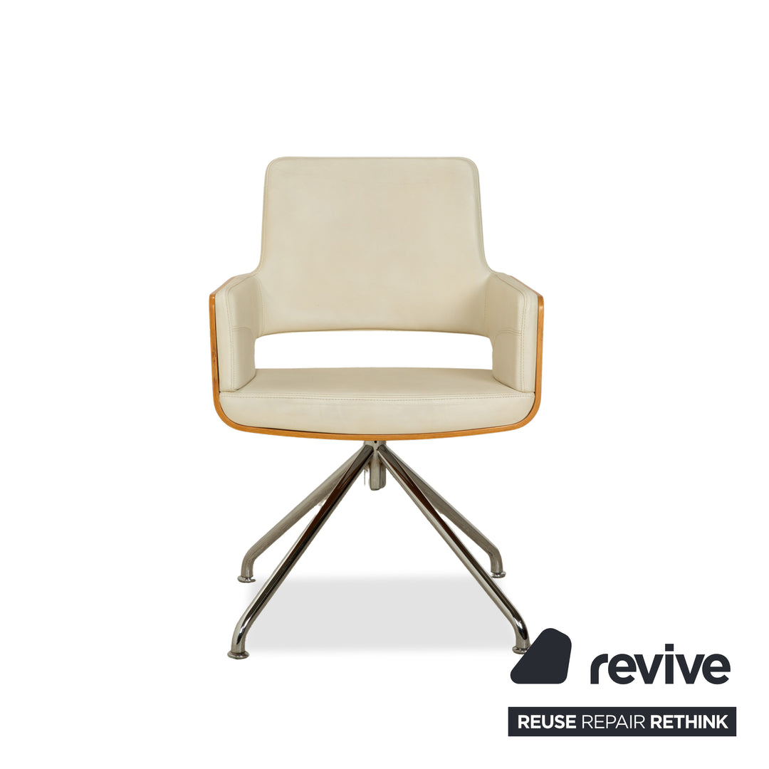 Thonet S 847 Leder Stuhl Creme Weiß Braun Holz manuelle Funktion Drehfunktion
