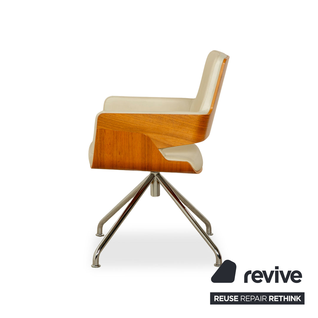 Thonet S 847 Leder Stuhl Set Creme Weiß Braun Holz manuelle Funktion Drehfunktion