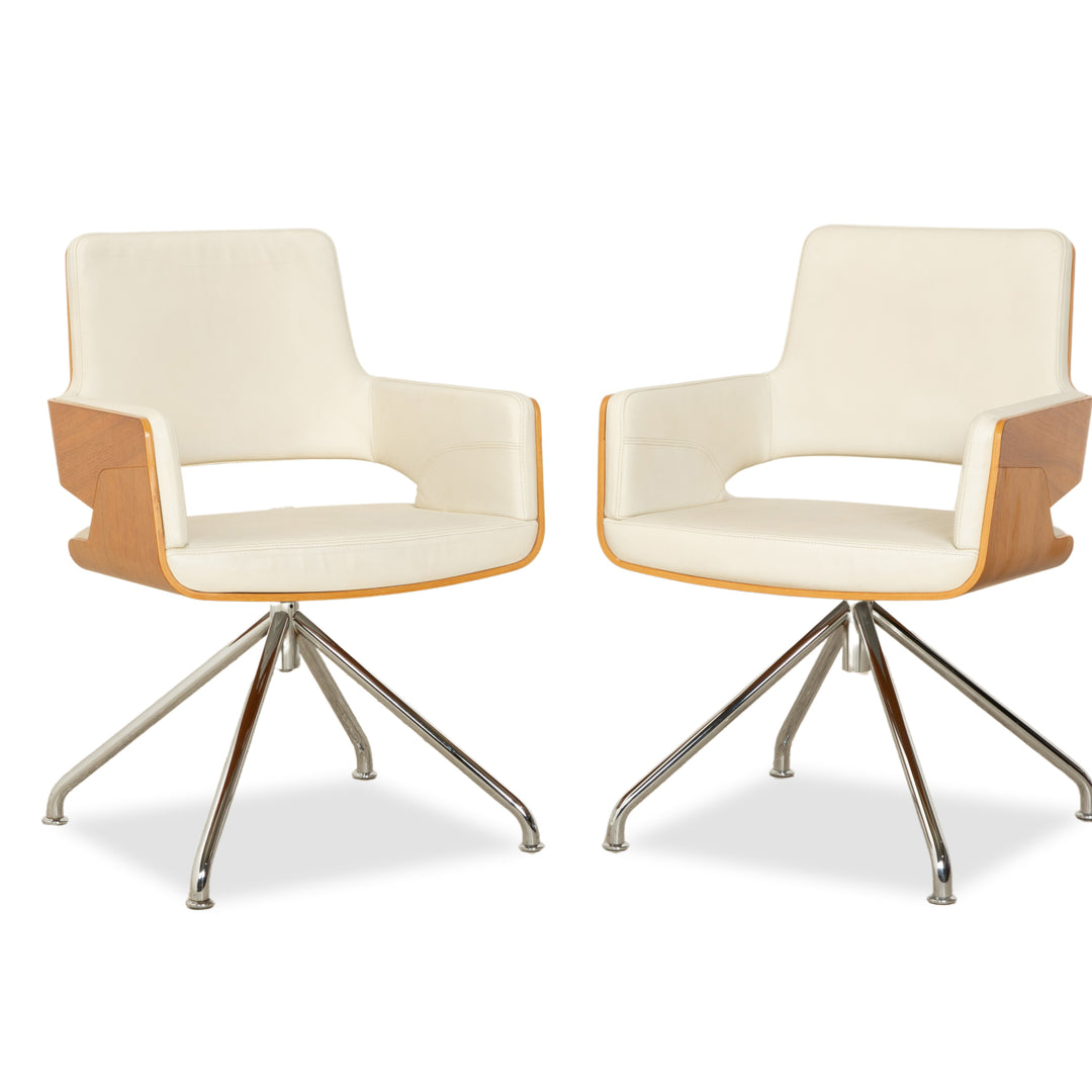 Thonet S 847 Leder Stuhl Set Creme Weiß Braun Holz manuelle Funktion Drehfunktion
