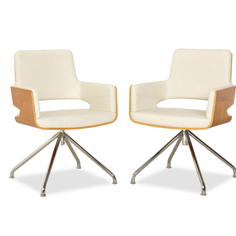 Thonet S 847 Leder Stuhl Set Creme Weiß Braun Holz manuelle Funktion Drehfunktion