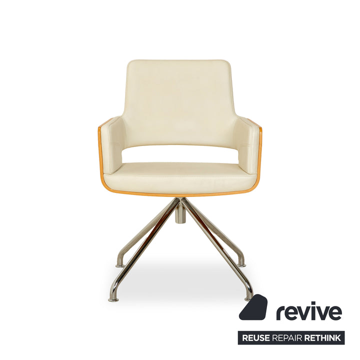 Thonet S 847 Leder Stuhl Set Creme Weiß Braun Holz manuelle Funktion Drehfunktion