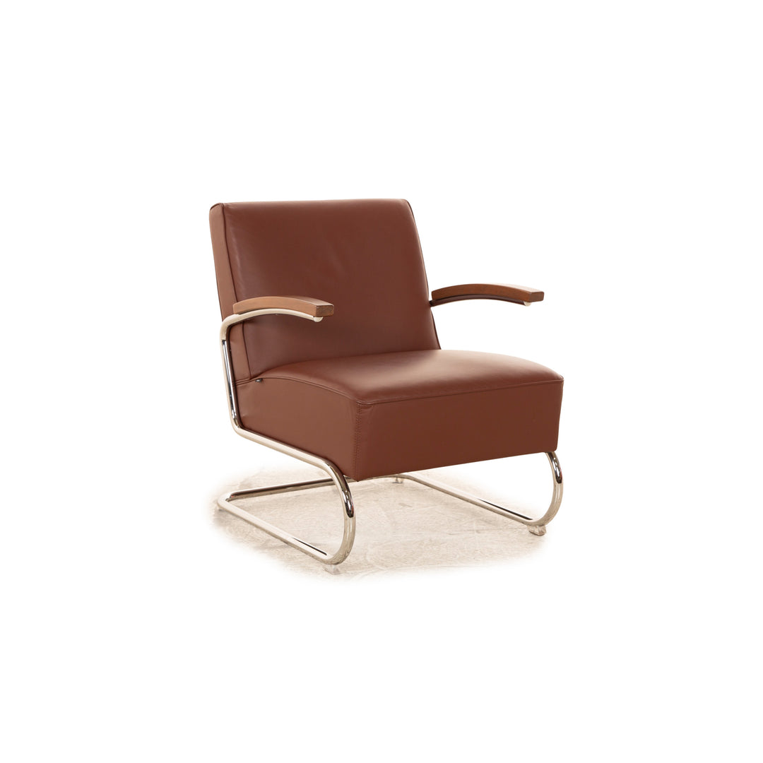 Thonet S411 Leather Cantilever Armchair Brown Chrome