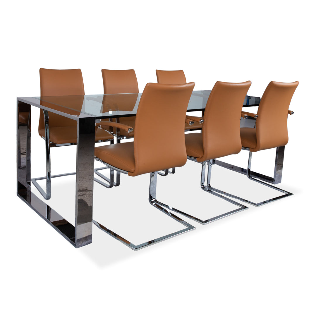Tonon Swing 6er Stuhl Orsenigo Ring Esstisch Garnitur Leder Glas Chrom Braun Cognac Silber