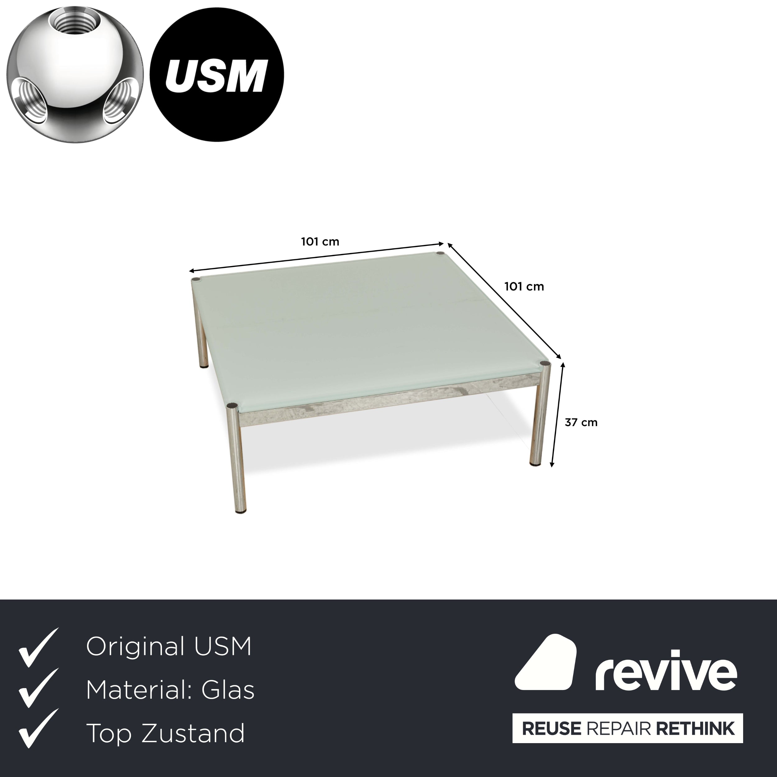 USM Haller Glas Couchtisch Blau Silber 101 x 101 cm