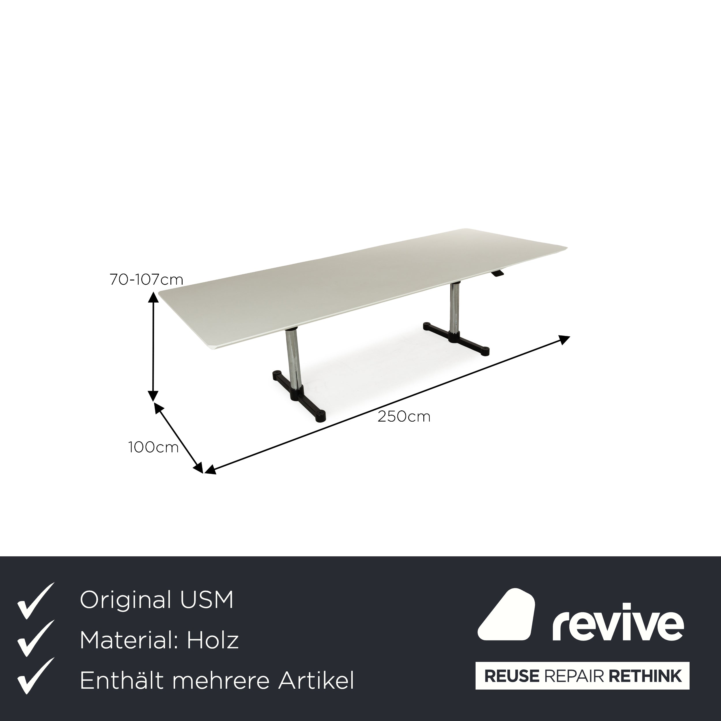 USM Haller Kitos Esstisch Holz Weiß manuelle Funktion 250 x 70-106 x 100 cm