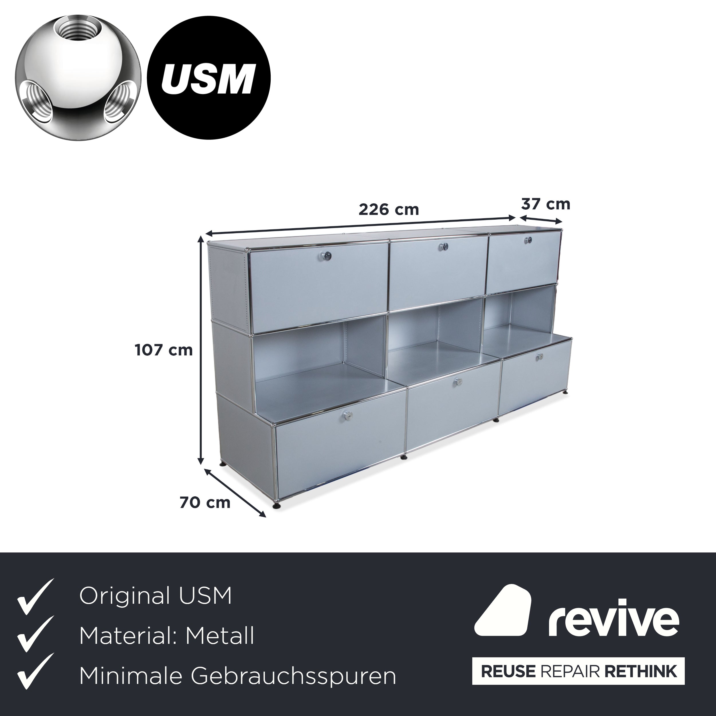 USM Haller Metal Sideboard Silver Grey Light Grey Drop-Down Doors 9 Elements at 75 x 35 cm