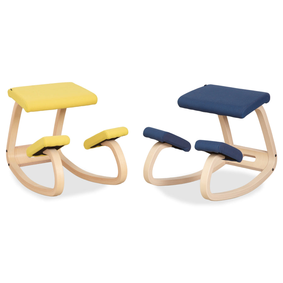 Varier Variable Genouillère en bois de frêne, tabouret, tissu naturel jaune/bleu
