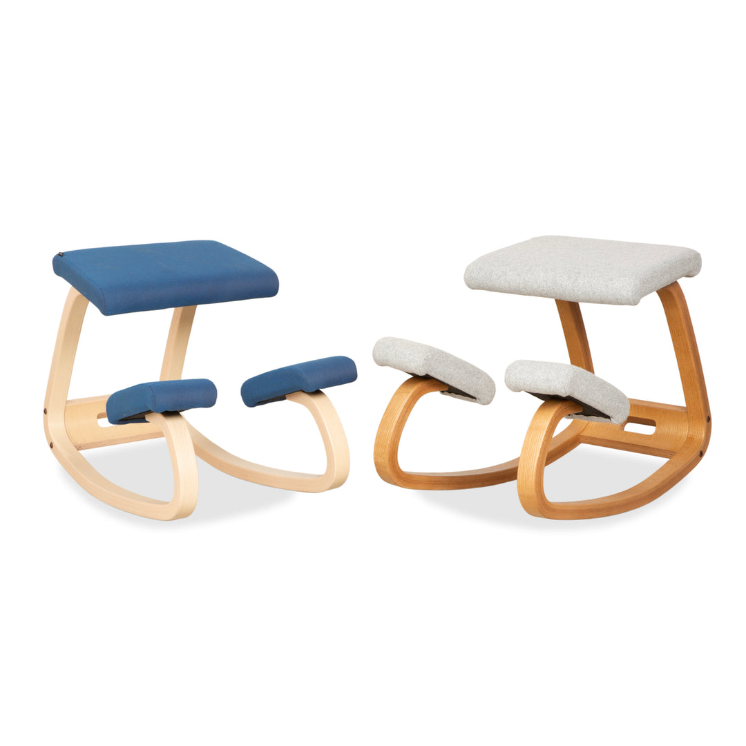 Varier Variable Stoff Sessel Stuhl Hocker Blau Grau Holz Esche Filz Hellbraun Kniestuhl