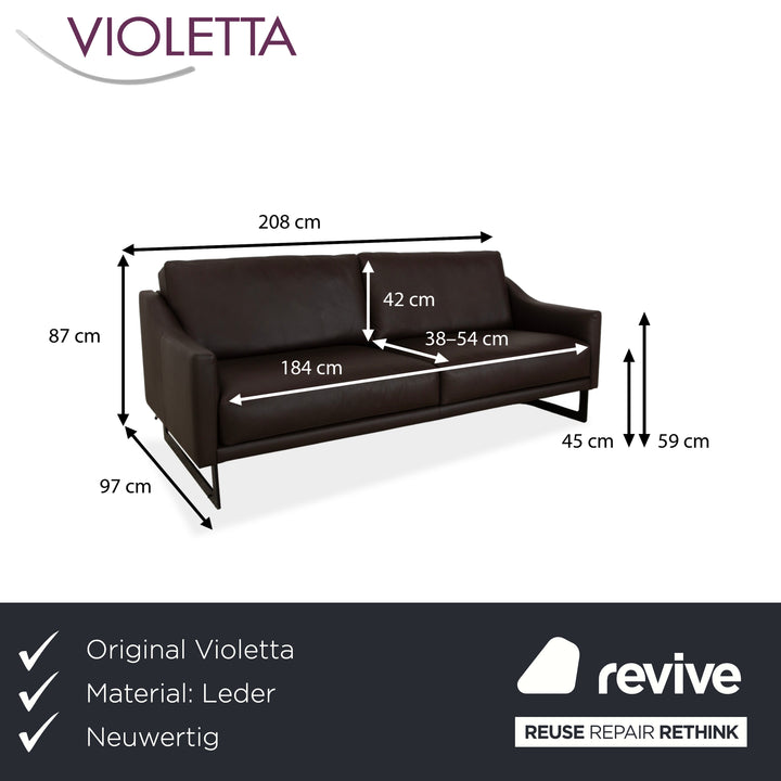 Violetta Malin Leather Three-Seater Dark Brown Sofa Couch