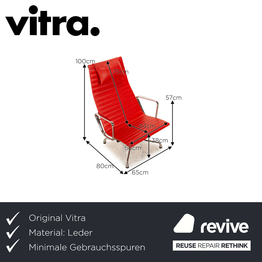 Vitra EA 124 Leather Armchair Red including Stool with Manual Relaxation Function by Charles &amp; Ray Eames