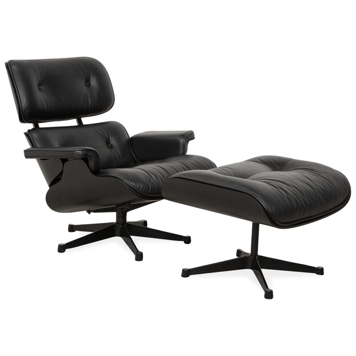 Vitra Eames Lounge Chair incl. Ottoman, Leather Armchair, Black, Reupholstered