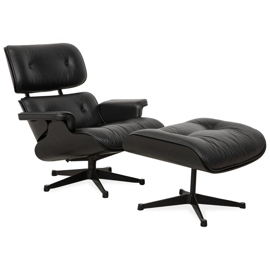 Vitra Eames Lounge Chair incl. Ottoman, Leather Armchair, Black, Reupholstered