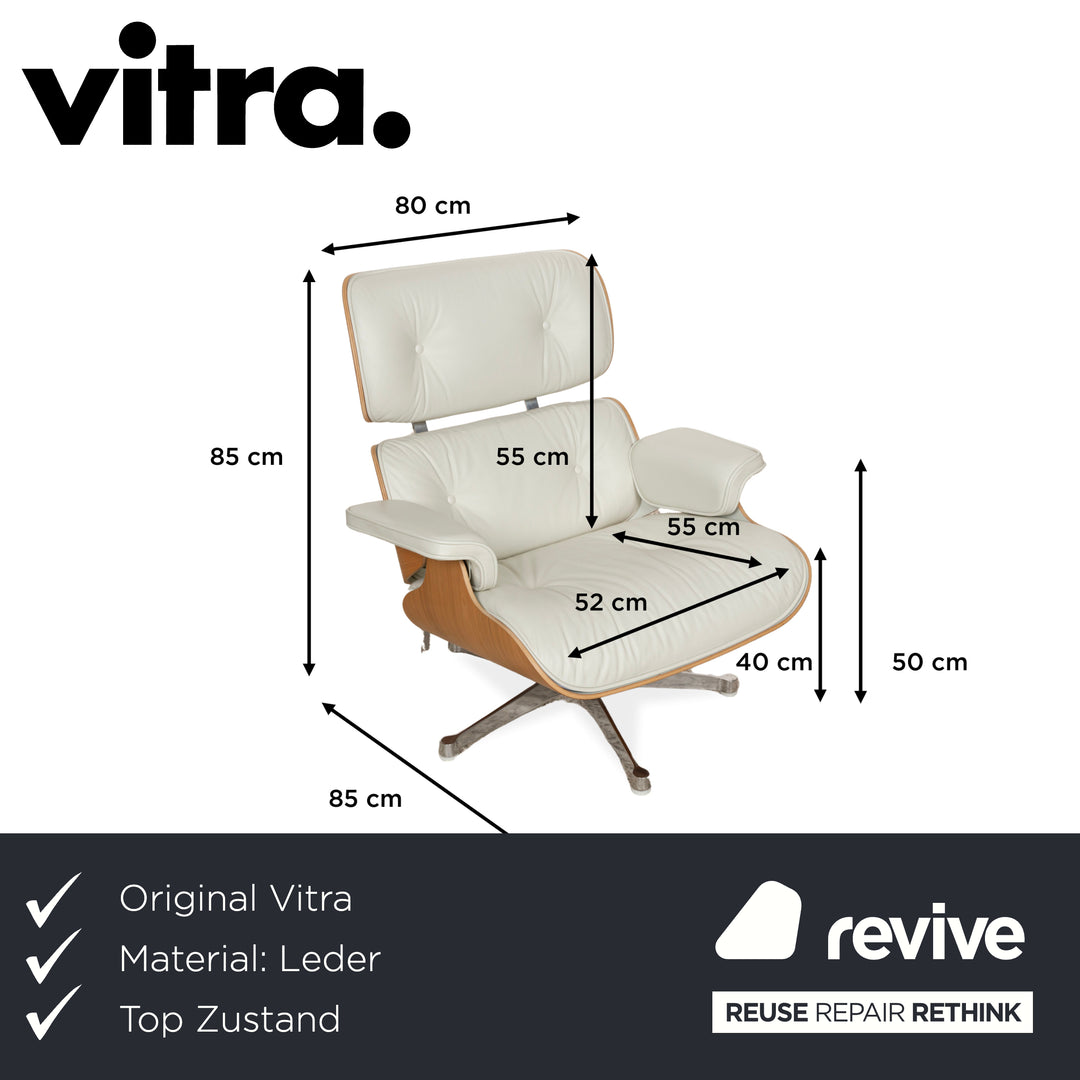 Fauteuil Lounge Vitra Eames en cuir et bois blanc avec repose-pieds