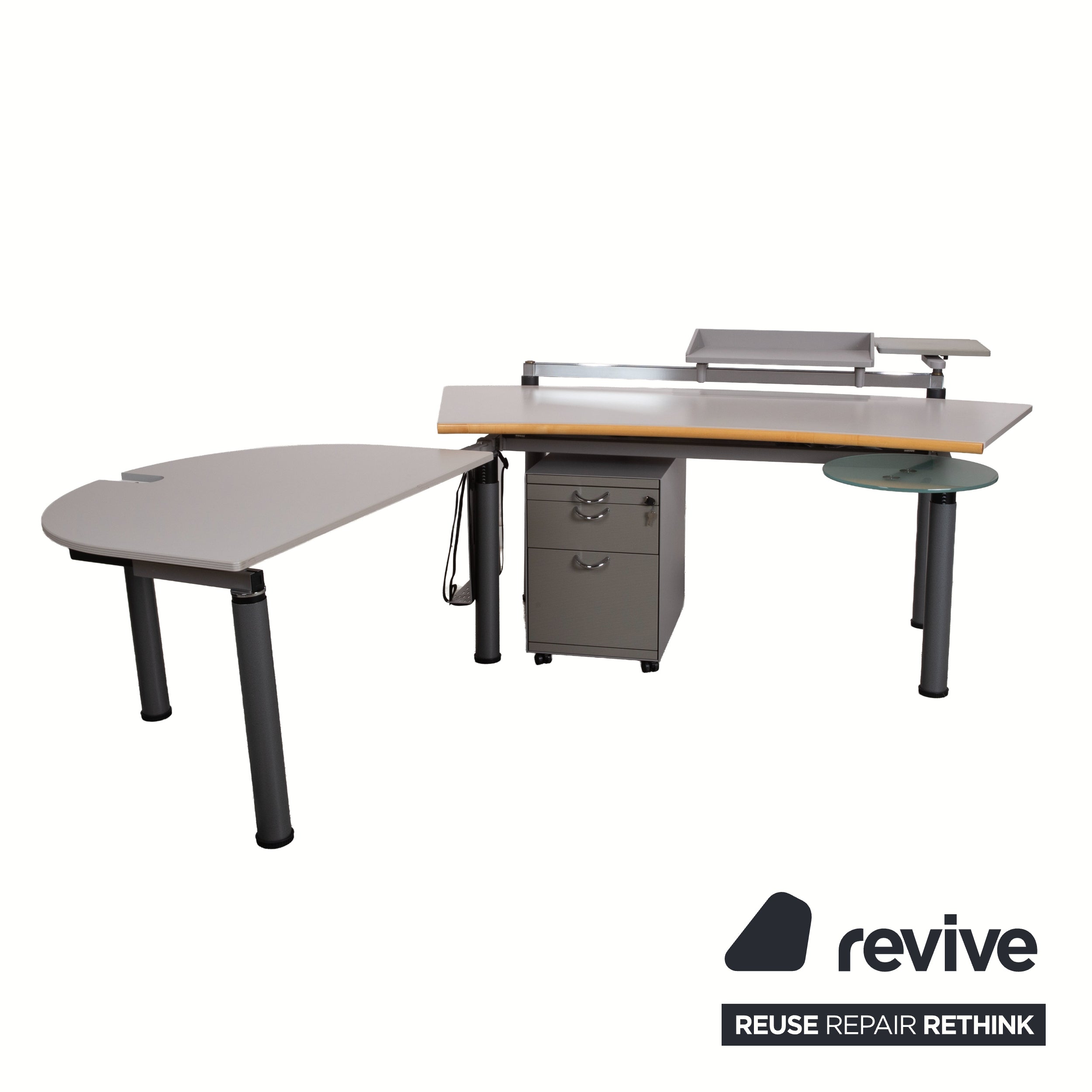 Vitra Metropol Holz Metall Schreibtisch höhenverstellbar mit Rollcontainer Ablage Grau Off-White