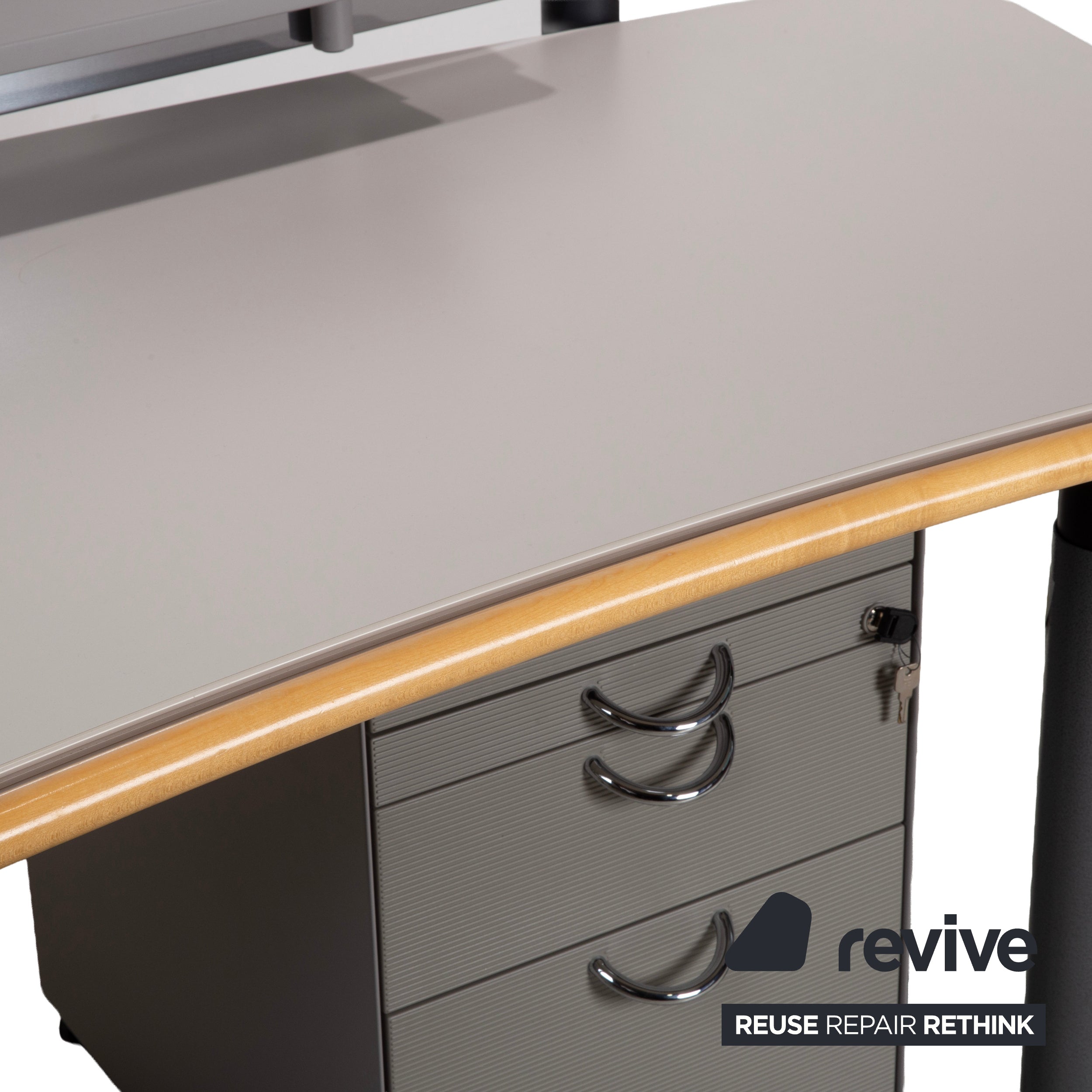 Vitra Metropol Holz Metall Schreibtisch höhenverstellbar mit Rollcontainer Ablage Grau Off-White