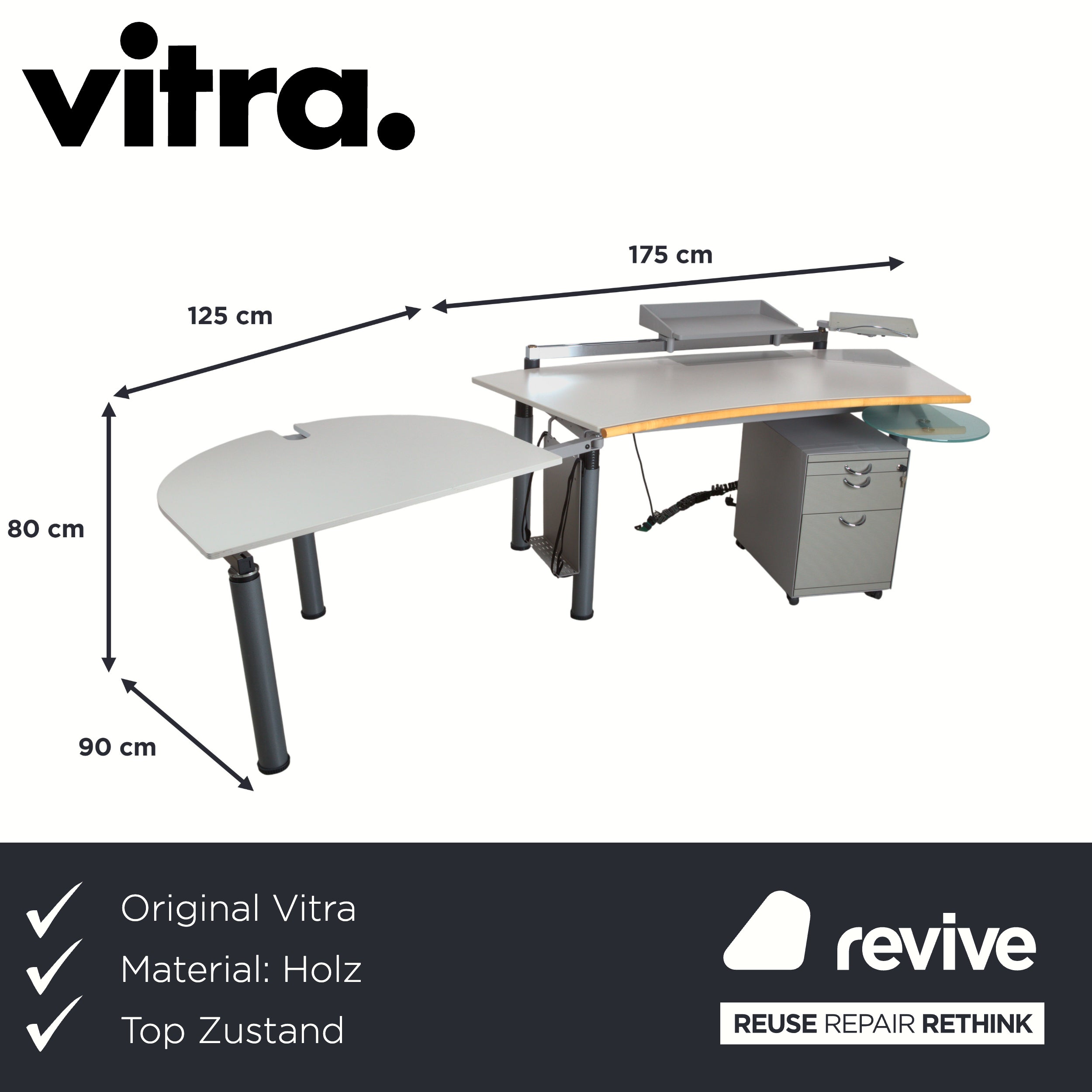 Vitra Metropol Holz Metall Schreibtisch höhenverstellbar mit Rollcontainer Ablage Grau Off-White