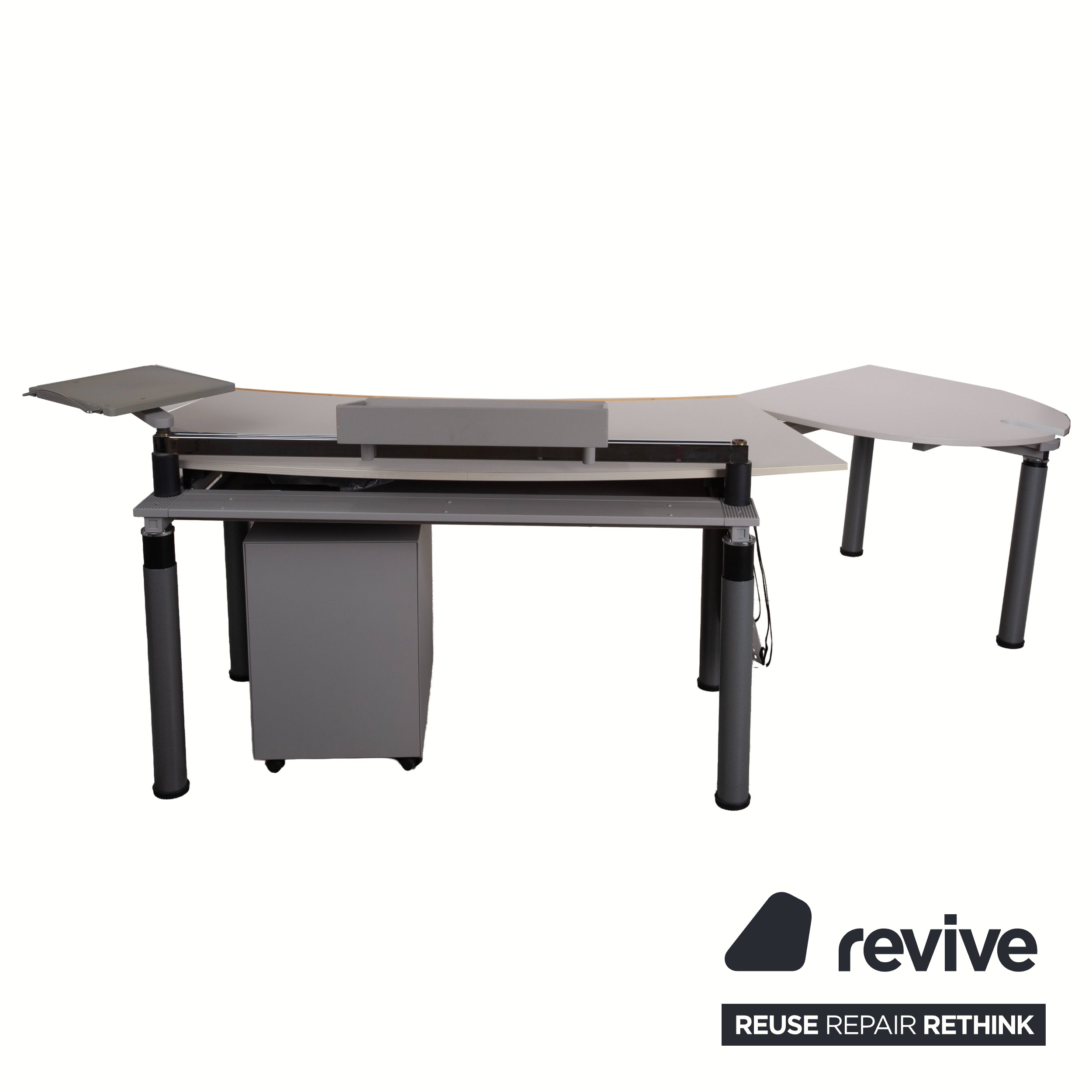 Vitra Metropol Holz Metall Schreibtisch höhenverstellbar mit Rollcontainer Ablage Grau Off-White