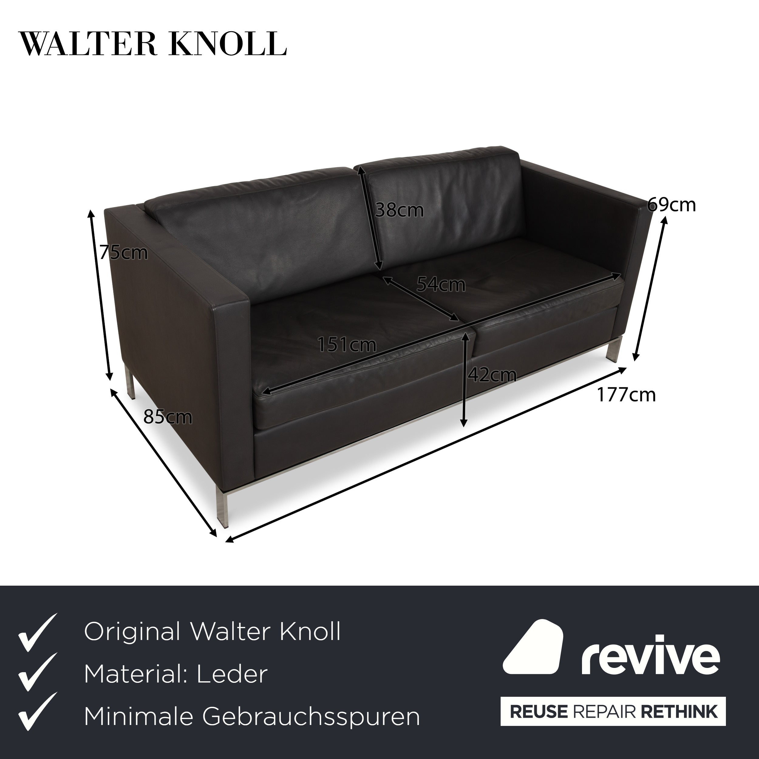 Walter Knoll Foster 500 Leather Three-Seater Dark Grey Anthracite Sofa Couch