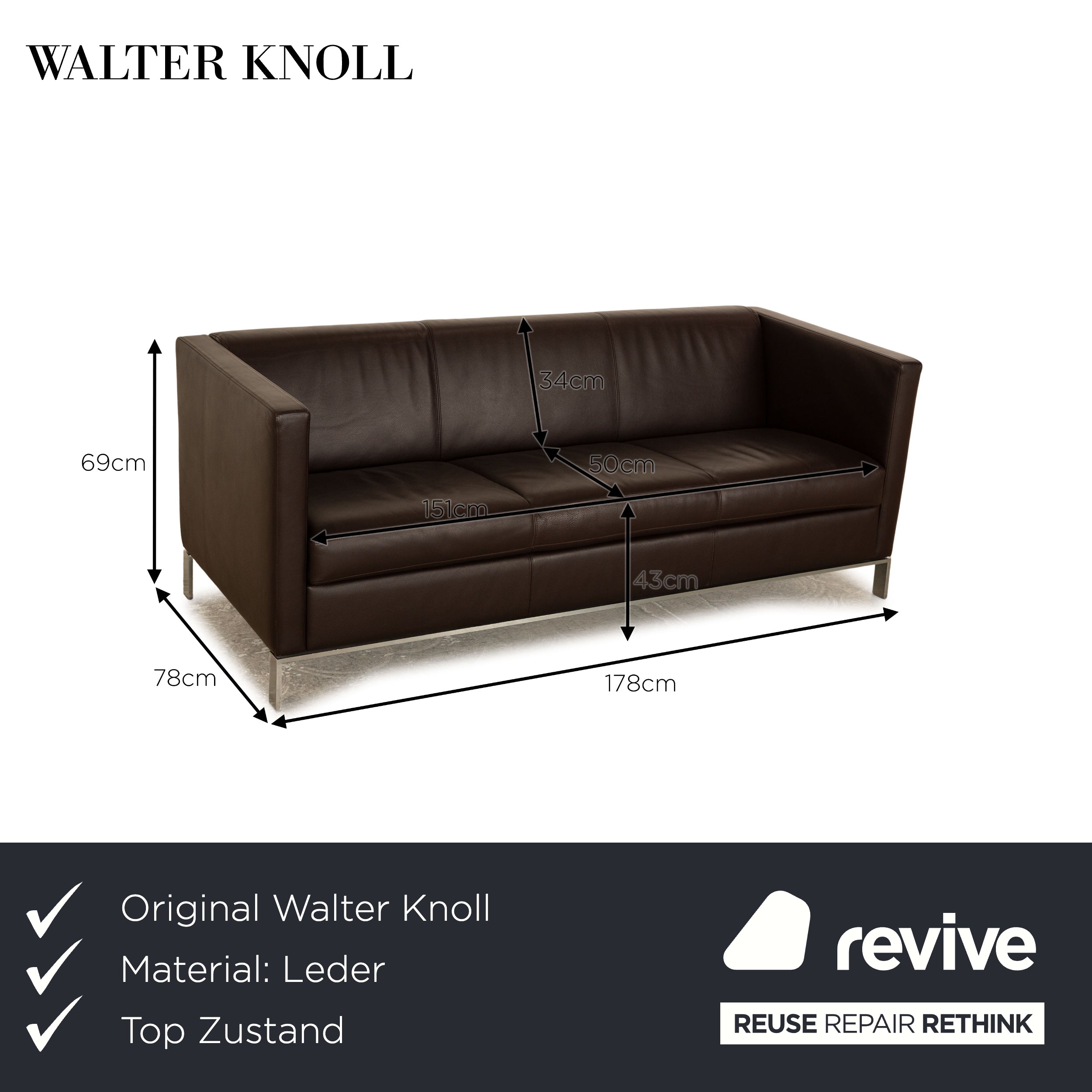 Walter Knoll Foster 501 Leather Three Seater Brown Sofa
