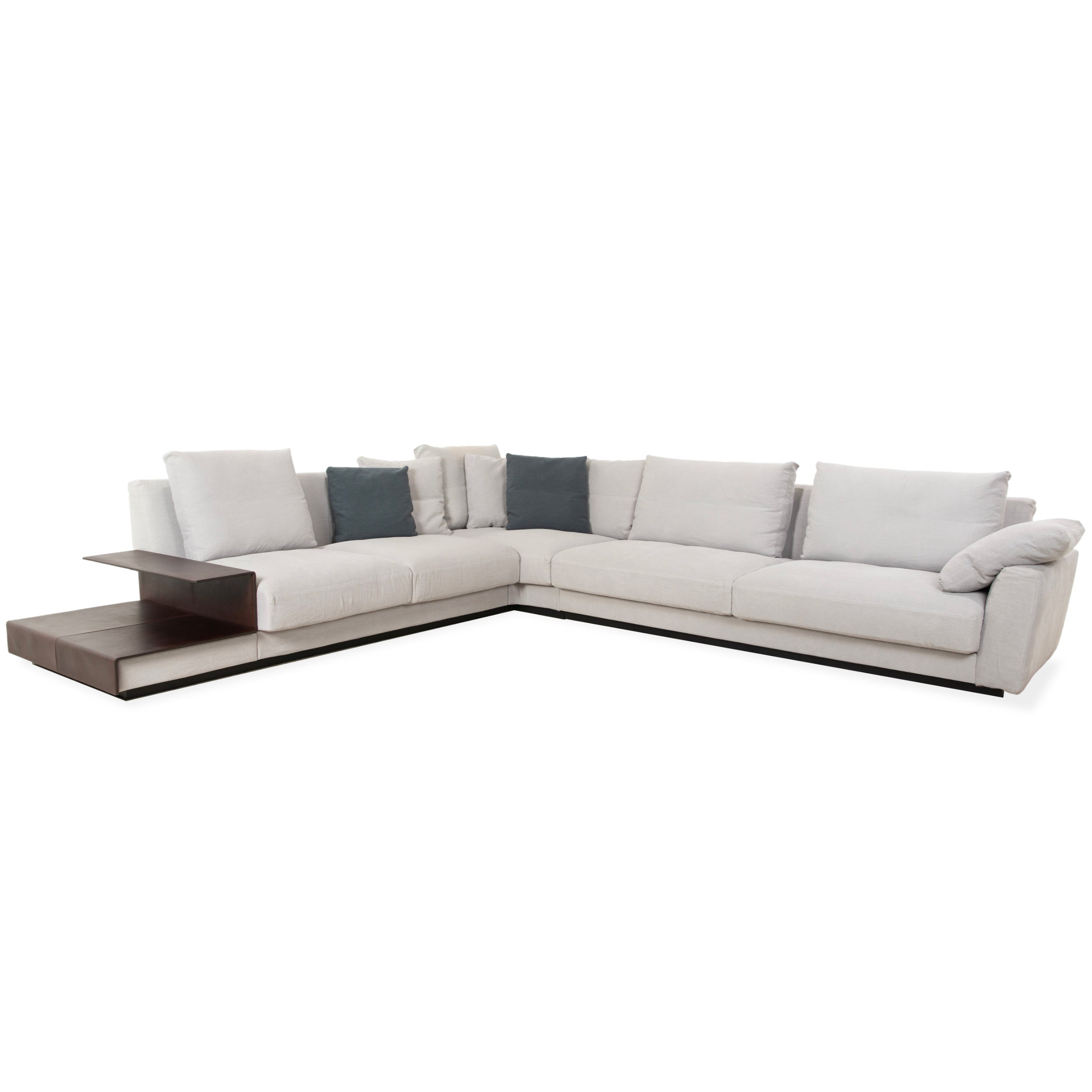 Sofá esquinero Walter Knoll Grand Suite de tela gris claro con repisa de cuero