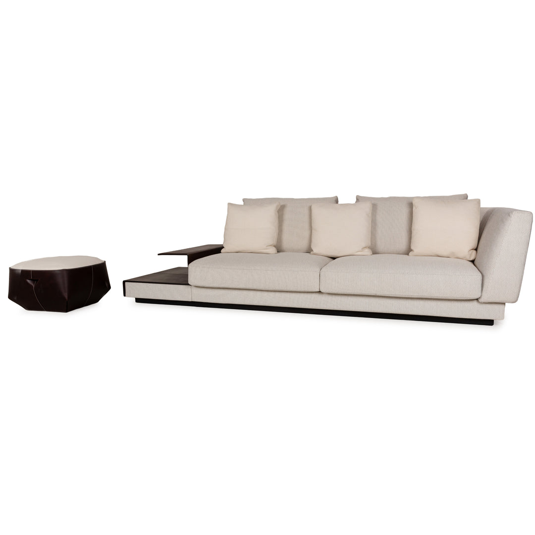 Walter Knoll Grand Suite Stoff Sofa Garnitur Creme Leder Dunkelbraun Couch Dreisitzer Hocker