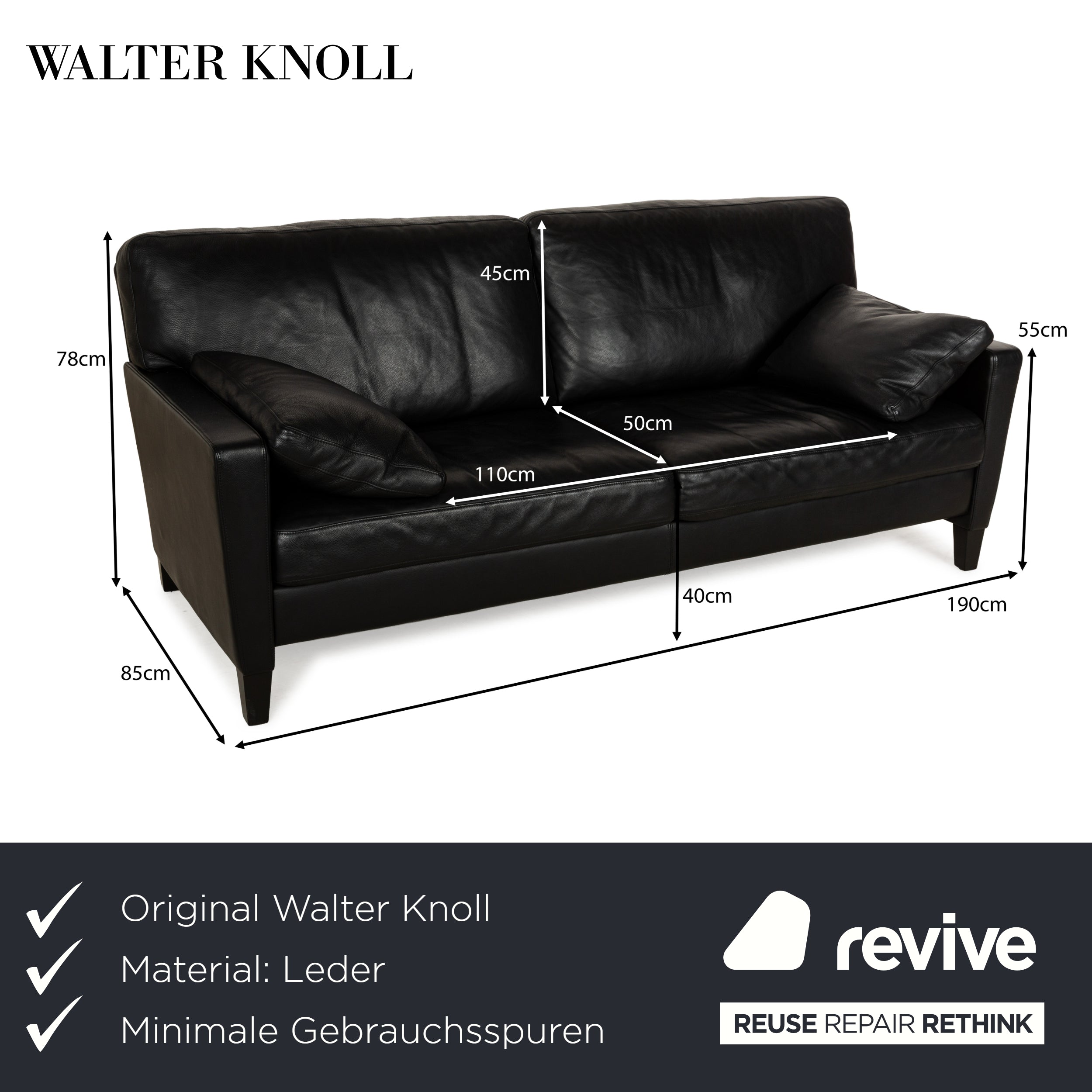 Walter Knoll Henry Leder Zweisitzer Schwarz Sofa Couch