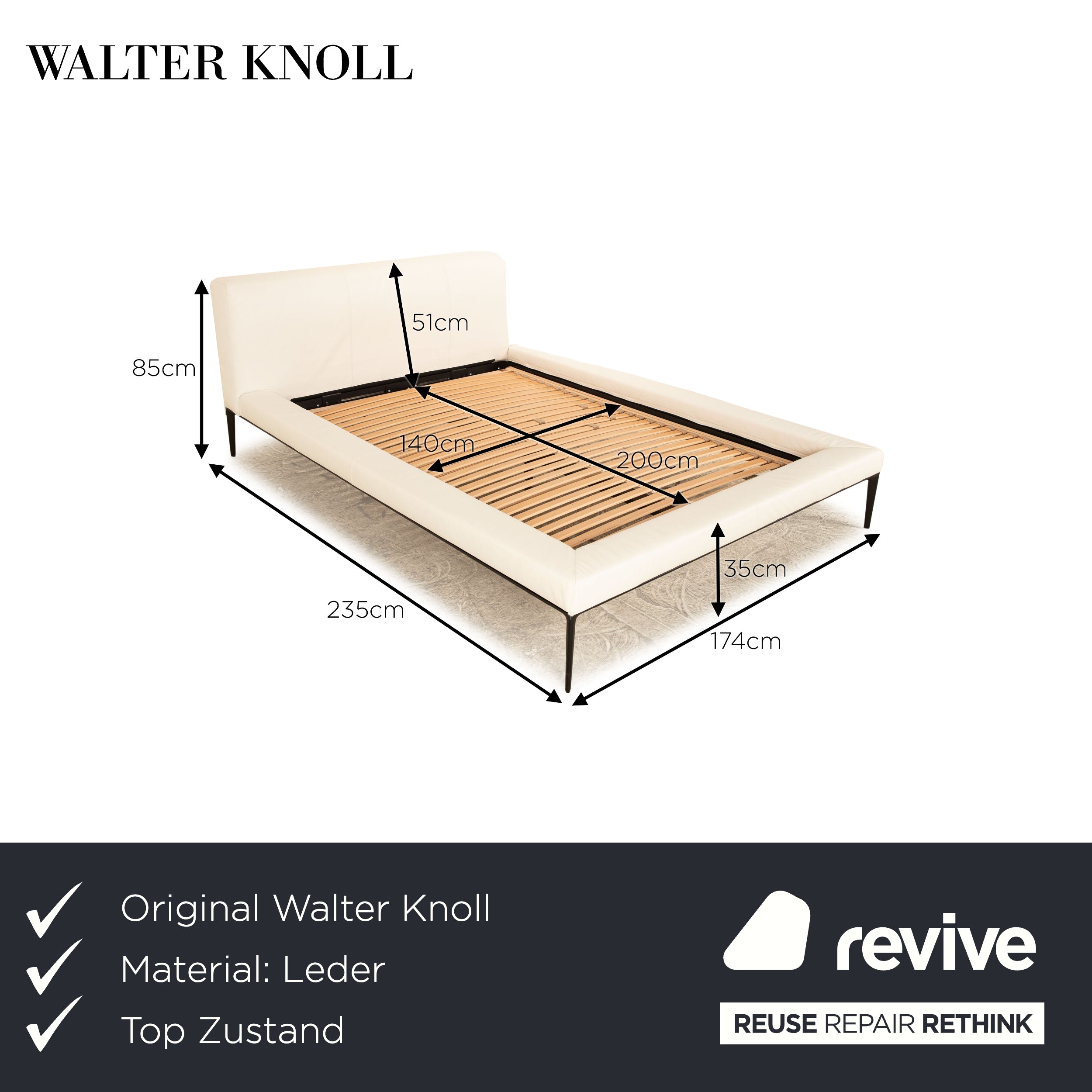 Walter Knoll Jaan Living Leder Bett Weiß 140 cm